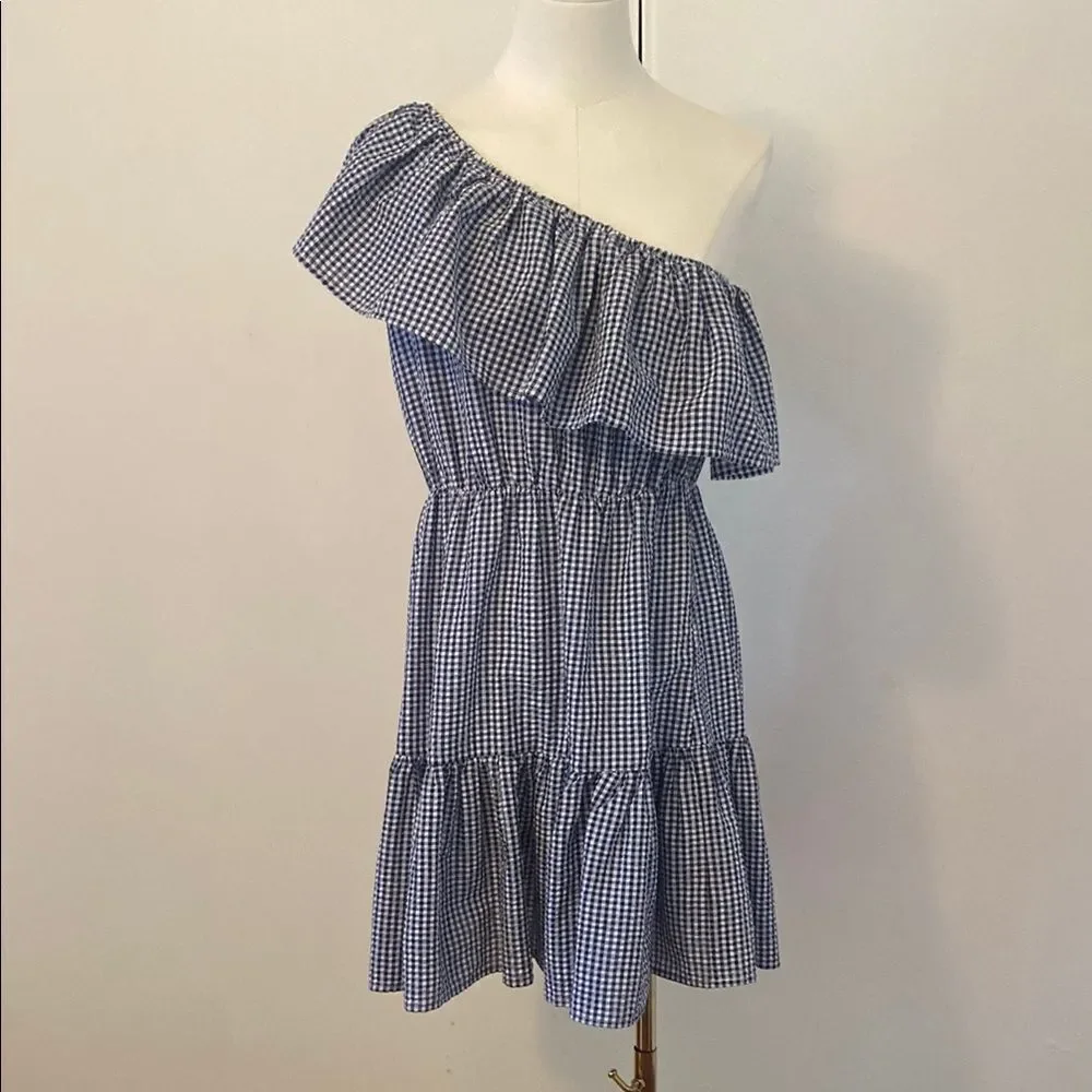 MINKPINK Wanderer Blue & White Gingham One-Shoulder Ruffle Dress Size Medium - Picture 2 of 8